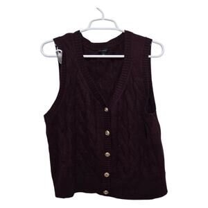 Talbots Cable Knit Sweater Vest Burgundy Button Front Large